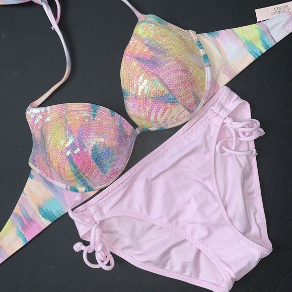 Victoria's Secret Other - NWT Victoria's Secret 34A BIKINI XS side tie SEQUINED Purple Lilac Pink Teal